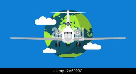 World travel air vector illustration background. Airplane flight trip holiday concept. Vacation journey globe adventure around Earth. Business plane a Stock Vector