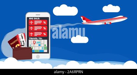 Find best deals cheap flight online travel plane vector illustration. Business booking service trip vacation reservation. World map airline banner age Stock Vector