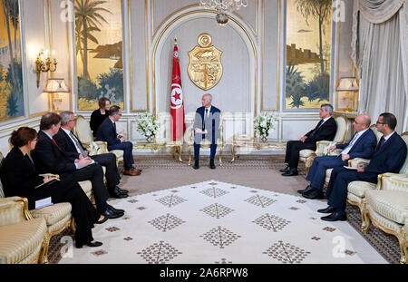 Tunis, Tunisia. 28th Oct, 2019. Tunisian President Kais Saied (C) speaks with German Foreign Minister Heiko Maas during their meeting at Carthage Palace. Credit: Khaled Nasraoui/dpa/Alamy Live News Stock Photo