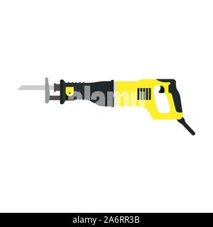 Reciprocating saw vector construction electric blade tool icon. Cut equipment carpentry work isolated power appliance diy. Industry yellow machine jig Stock Vector