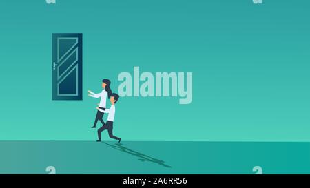 Business people climb up on door. Vector concept team work man and woman. Office concept person group resource strategy job. Social partnership organi Stock Vector