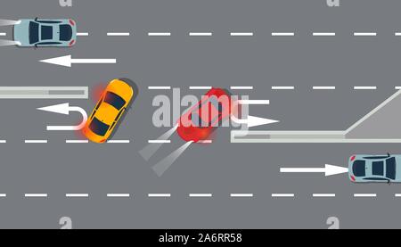 U turn car red and yellow top view vector illustration traffic road. Sing arrow transportation highway background direction. Vehicle way design travel Stock Vector