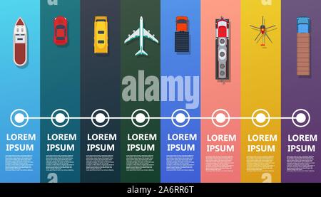 Transport infographic top view vector. Flat bus, ship, truck, train, plane, helicopter, car. Road icon business industry travel map. Set info traffic Stock Vector