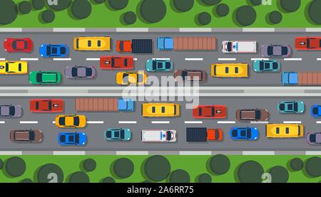 Traffic road vector top view highway city car. Street flat vehicle map infographic lane illustration. Transport control urban. Truck travel direction Stock Vector