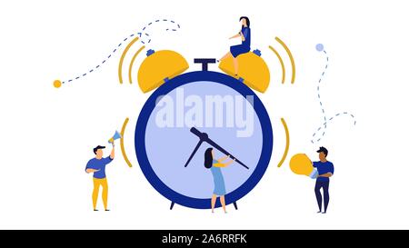 Morning time for business people work icon. Man and woman concept vector illustration flat office banner. Schedule planner date clock event. Deadline Stock Vector