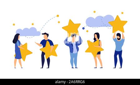 Customer review five star choice vector illustration satisfaction man and woman. Concept business success feedback good quality service. Best rate bac Stock Vector