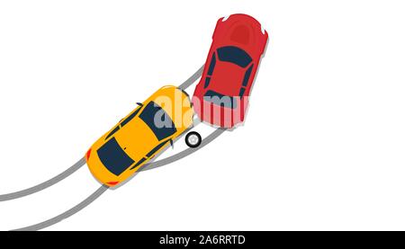 Car crash accident top view vector insurance illustration. Down broken claim automobile isolated icon. Flat driving street hit collision traffic. Wrec Stock Vector