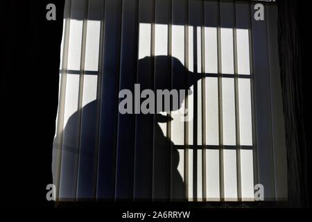Silhouette male intruder,outside a window with vertical blinds Stock Photo