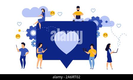 Social media like business feedback message vector. Networking internet people man and woman illustration. Concept follow heart love character repost Stock Vector