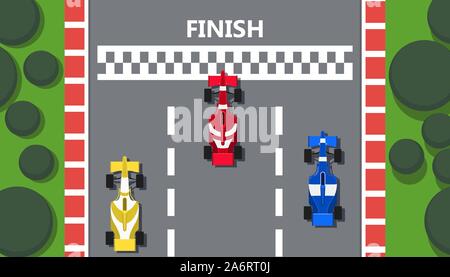 Race track car top view vector line road illustration background. Rally prix sport poster team. Red formula flyer competition finish. Grand winner veh Stock Vector