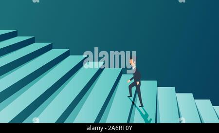 Success career businessman concept background. Future ambition growth personal motivation. Man climb in stairs step on business. Vector illustration j Stock Vector
