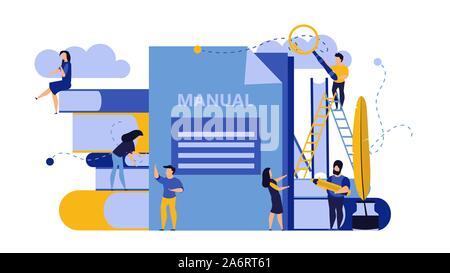 Man and woman create document book manual. Business handbook advice content vector. Online web paper digital illustration article journalism. Social m Stock Vector