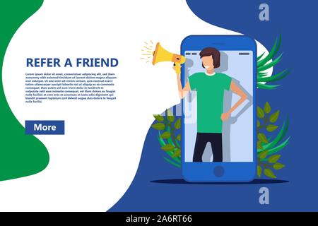 Refer a friend vector business poster, Referral person with megaphone buzz alert. Money job recommend marketing template. Illustration network announc Stock Vector