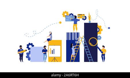 Analytic partnership vector illustration background with man and woman. Development bar chart concept company. Teamwork management cooperation strateg Stock Vector
