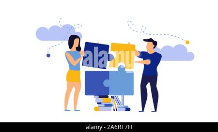 Puzzle teamwork man and woman business partnership communication. People work with books vector concept illustration. Together create piece jigsaw sol Stock Vector