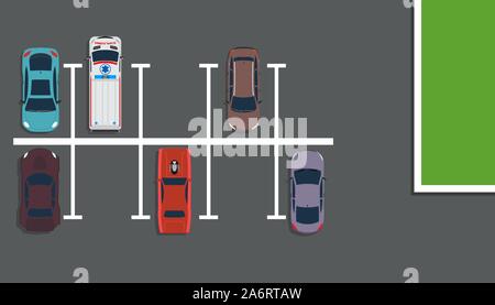 Park top view vector concept illustration background. Above car street map flat road city. Garage design many lot space downtown. Vehicle free slot tr Stock Vector