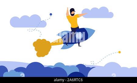 Business ambition move up motivation success sky man. Space rocket businessman fly concept vector achievement illustration leadership career. Progress Stock Vector