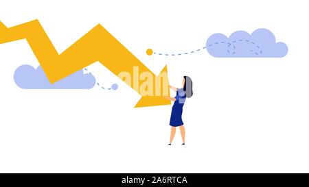 Businesswoman bankrupt recession loss business vector concept illustration. Woman pushed red arrow downward. Failure pressure market cut crisis. Econo Stock Vector