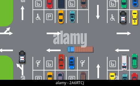 Parking zone car top view aerial construction illustration. Road street traffic transport concept. City place area public space. Garage regulation lin Stock Vector