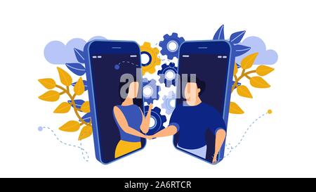 Business handshake deal illustration relationship trust teamwork job. Partner man and woman startup money job concept vector. Cooperation success meet Stock Vector