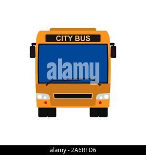 Yellow bus front view vector vehicle illustration. Transportation travel isolated public car icon. Passenger transport city trip cartoon. Traffic tour Stock Vector