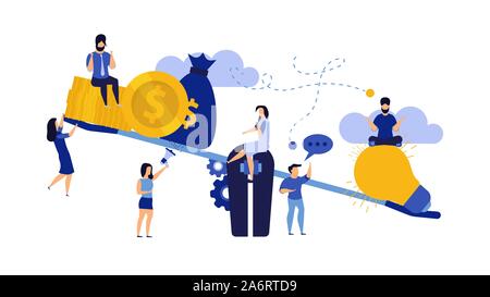 Money balance on scale comparison equilibrium vector business illustration. Idea light bulb and gold coin finance. Man and woman concept income invest Stock Vector