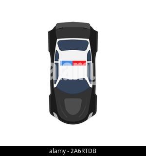 Police car top view vector icon vehicle illustration. Black and white transportation patrol cop automobile isolated with siren emergency light. Auto l Stock Vector