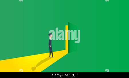 New career man business vector achievement office. Open door start businesswoman illustration concept background. Success job worker opportunity growt Stock Vector