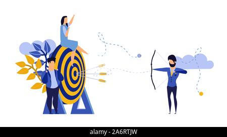 Goal strategy teamwork journey target with bow arrow. Achievement action business communication job employee. Success job dart concept illustration ve Stock Vector