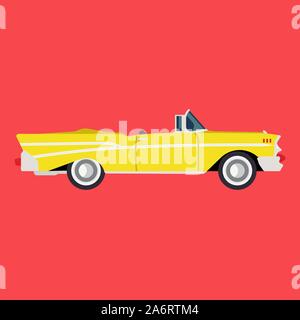 Retro yellow car side view flat icon auto. Classic vehicle illustration design transportation vintage art. Old engine transport cartoon symbol. Drawin Stock Vector