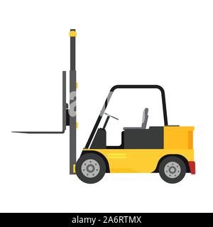 Forklift vector cargo truck side view delivery illustration equipment warehouse. Lift loader industry distribution vehicle icon. Yellow machine isolat Stock Vector