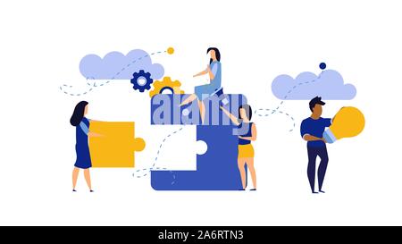 Man and woman create business puzzle vector concept illustration work. Concept piece idea teamwork jigsaw design. Solution cooperation challenge conne Stock Vector