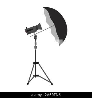 Photography camera umbrella vector equipment illustration icon. Digital flash photo light studio tripod card isolated lens. Symbol film professional t Stock Vector