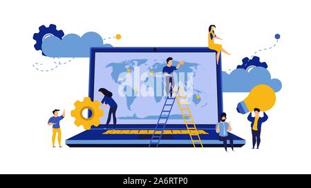 Business global earth vector map concept with laptop. PC consulting idea world. Man and woman group illustration team cartoon. International planet ne Stock Vector