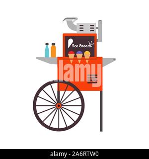 Ice cream ice cart vector dessert illustration food. Business kiosk shop market design delicious sweet cone icon. Summer stand stall frozen wheel stor Stock Vector