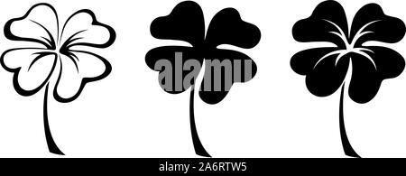 Set of three vector black silhouettes of four leaf clovers. Stock Vector