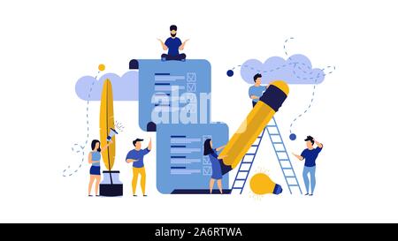 Financial community man and woman idea business concept with pencil and light bulb vector illustration. Flat character team partnership company assist Stock Vector