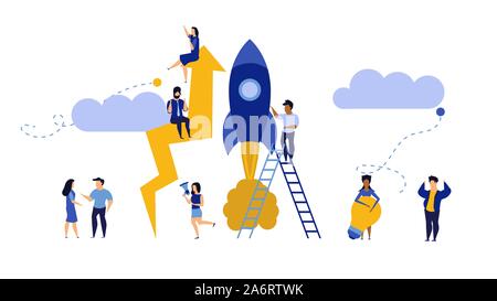 Business analytics in cloud arrow vector leadership company. People challenge teamwork up. Flat job marketing concept illustration. Growth with rocket Stock Vector