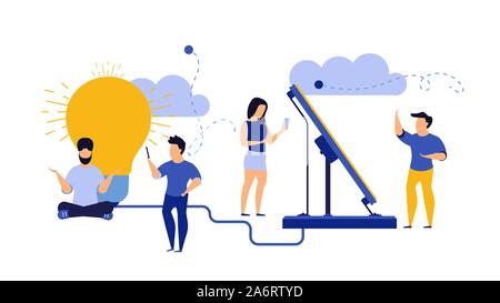 Eco energy vector alternative ecology illustration clean environment. Power solar renewable nature panel with people. Electric Earth sun business tech Stock Vector