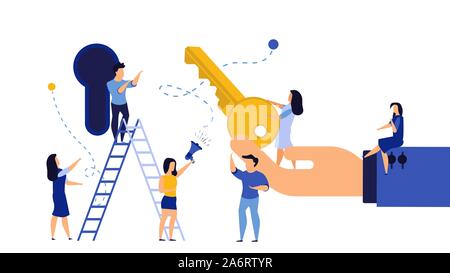 Key achievement business takeaway concept vector illustration success solution. Strategy creative hand leadership plan with keyhole. Lock process targ Stock Vector