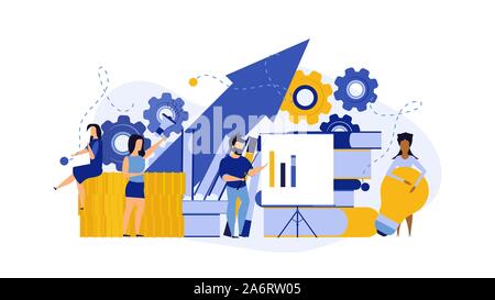 Business school vector flat illustration service team. Cloud people education book knowledge banner training concept. Online internet library course d Stock Vector