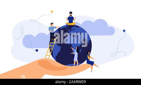 Hand save world Earth globe vector illustration environment concept. Garbage planet ecology background. Eco nature global environmental conservation r Stock Vector