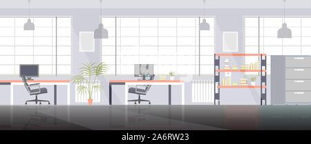 Office room space work vector flat business interior illustration with chair and computer. Modern desk table furniture workplace concept background ca Stock Vector