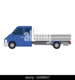 Blue truck car side view delivery flat icon isolated white illustration. Cargo transport business design freight vehicle. Commercial shipping van traf Stock Vector