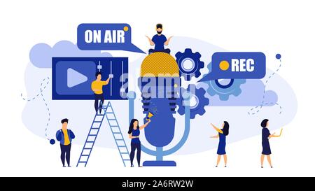 Radio music TV on air live rec interview people vector illustration. Hot news with mic broadcast sound communication studio. Male listen media headpho Stock Vector