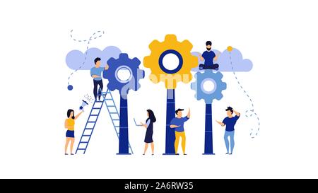 Idea work with gear concept business creative illustration. Man and woman design success innovation team office. Project development banner partnershi Stock Vector