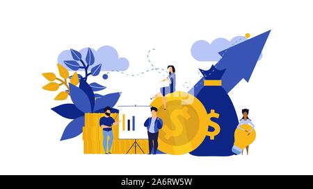 People review money vector analytics application communication business. Employee building finance with arrow and coins concept illustration icon mana Stock Vector