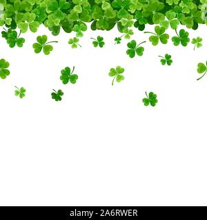 Vector St. Patrick's day horizontal seamless background with green falling shamrock on white. Stock Vector