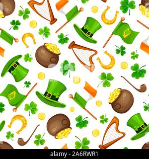 Vector St. Patrick's day seamless pattern with green shamrock leaves, leprechaun's hats, pots, gold coins, flags, harps and horseshoes on a white back Stock Vector