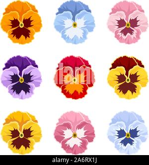 Set of colorful pansy flowers isolate on a white background. Stock Vector